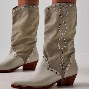 Free People Jaxon Studded western boots leather suede 37 women’s 6.5 New white